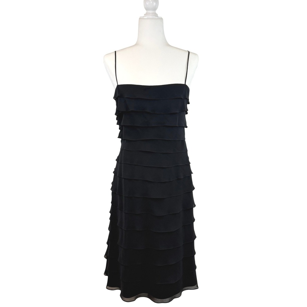 Tadashi Vintage 100% Silk Tiered Ruffle Slip Cocktail Dress Black Size 10 LBD